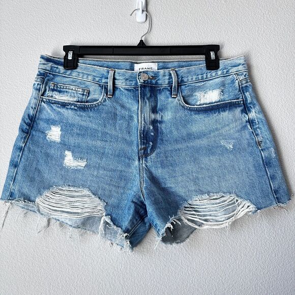 FRAME Le Brigette Women's Jeans Light Denim Short Raw Hem Cuttoff Frayed Size 31 - Picture 1 of 7